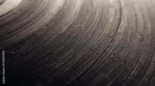 Fototapeta Dark abstract texture of a worn metallic disc with circular patterns and subtle light reflections creating a moody background