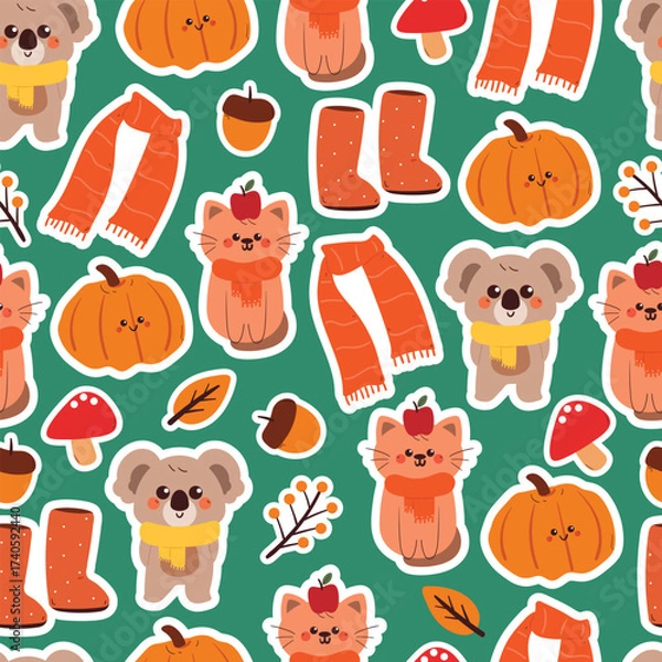 Fototapeta seamless pattern cute cartoon koala and cat with autumn element drawing