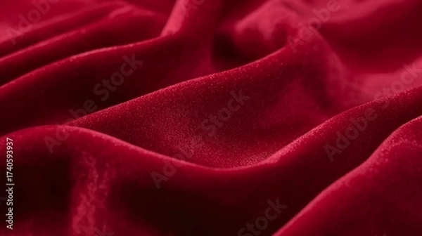 Fototapeta Luxurious red velvet fabric background with elegant, soft folds and deep shadows, showcasing a rich, plush textile texture for design