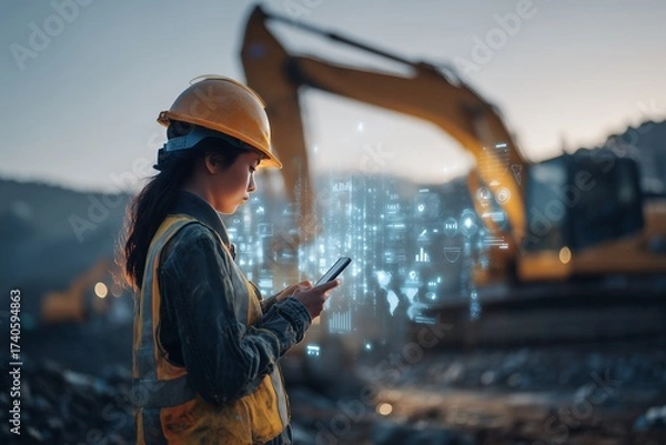 Obraz Female construction worker using smartphone with digital overlay near excavation machinery during dusk. Concept for infrastructure management, construction technology and site monitoring