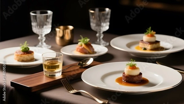 Fototapeta A table filled with elegantly plated dishes and wine glasses