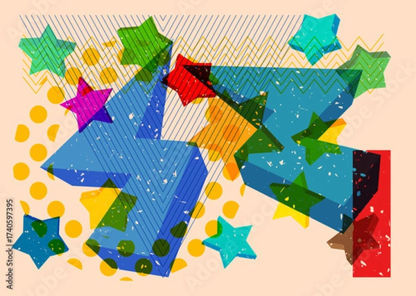 Fototapeta Risograph Star with geometric shapes. Objects in trendy riso graph print texture style design with geometry elements.