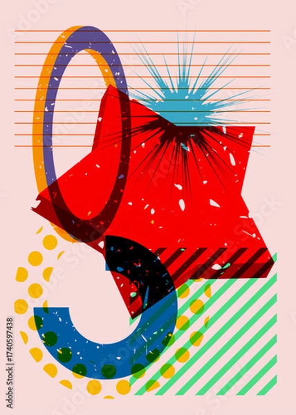 Fototapeta Risograph Star with geometric shapes. Objects in trendy riso graph print texture style design with geometry elements.