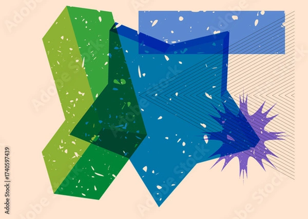 Fototapeta Risograph Star with geometric shapes. Objects in trendy riso graph print texture style design with geometry elements.