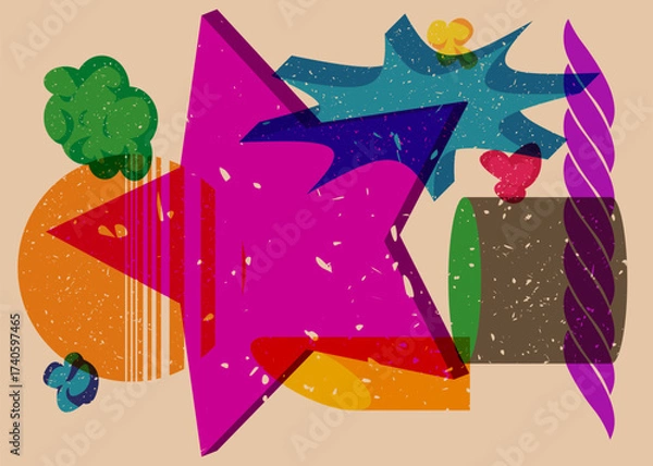 Fototapeta Risograph Star with geometric shapes. Objects in trendy riso graph print texture style design with geometry elements.