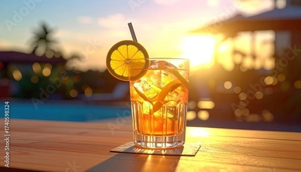 Fototapeta Bright Orange Cocktail with Lemon Garnish Against Sunset Sky