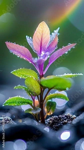 Fototapeta Vibrant Plant Sprout with Dew Drops Macro