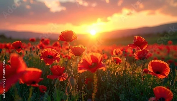 Fototapeta Brilliant Sunset over Red Poppy Field with Distant Mountains and Golden Light