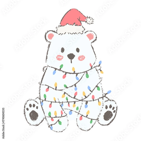 Obraz Polar bear tangled in Christmas lights. Festive winter character isolated on white.