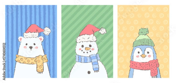 Obraz Christmas animals portraits set. Polar bear, penguin and snowman characters with textured background.