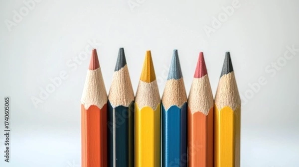 Fototapeta A row of six colored pencils with a white background.