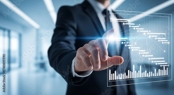 Fototapeta Strategic planning and project management concept featuring a manager interacting with a holographic Gantt chart interface