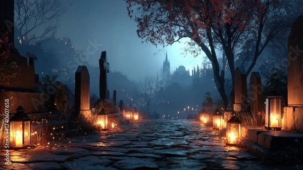 Fototapeta Mysterious and Spooky Cemetery Scene with Lanterns at Night with Moody Atmosphere