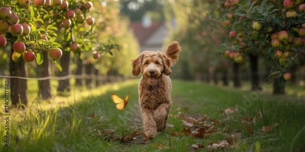 Fototapeta Adorable Fluffy Dog Running in Lush Orchard at Sunset, Autumn Nature Scene with Apple Trees, Joyful Pet Outdoors
