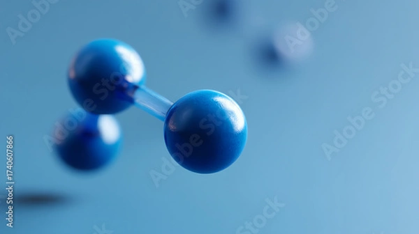 Obraz Close-up of blue molecular model spheres connected by transparent rods on a blue background, representing a chemical or scientific concept