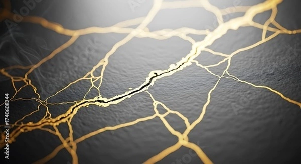 Fototapeta Abstract close up of kintsugi repair on dark ceramic with golden veins