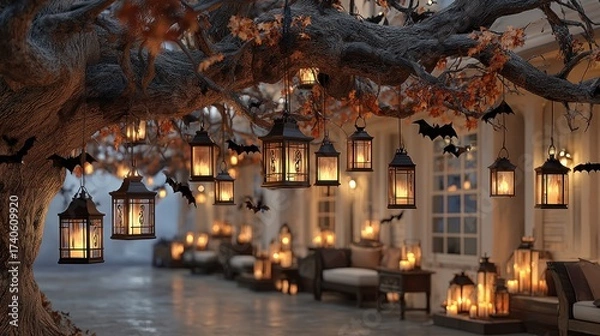 Fototapeta Cozy Halloween Decorations with Lanterns and Bats Hanging from a Tree Branch
