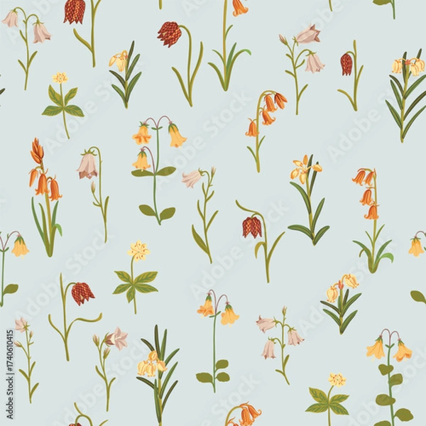 Fototapeta vector drawing seamless pattern with wild flowers and plants , floral background, hand drawn botanical illustration