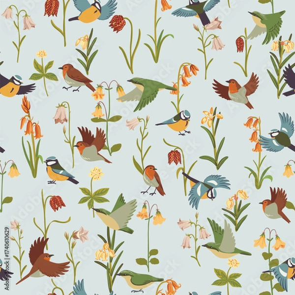 Fototapeta vector drawing seamless pattern with flowers, plants and birds at light blue background, floral ornament, hand drawn botanical illustration