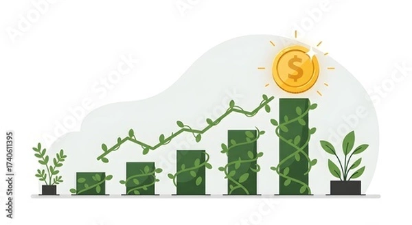 Obraz Financial Growth Concept: Rising Plant-Like Bar Graph with Dollar Sign Coin, Illustrating Investment, Business Success, and Financial Progress, Isolated on White Background.