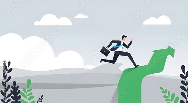 Obraz Businessman running towards success on a green arrow, business growth concept, achievement, ambition, career advancement, leadership, reaching a goal, abstract illustration.