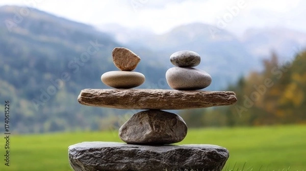 Fototapeta A balanced stack of stones on a grassy field with mountains in the background.