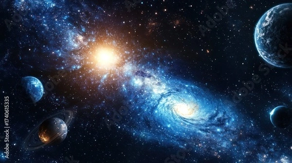 Fototapeta A vast, star-studded universe with a blue spiral galaxy, planets, and a bright sun in the center.