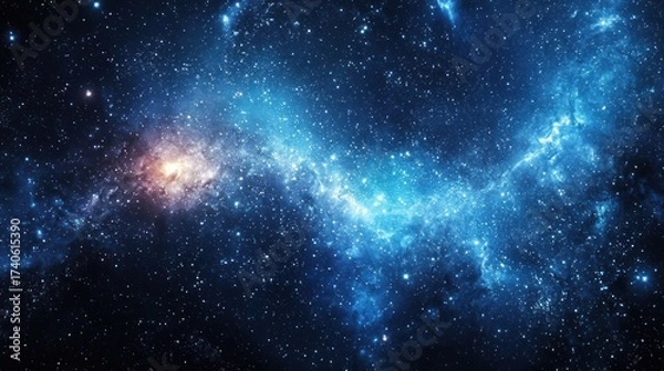Fototapeta A vast, star-studded expanse of space with a nebula-like structure and a bright, glowing star in the center.