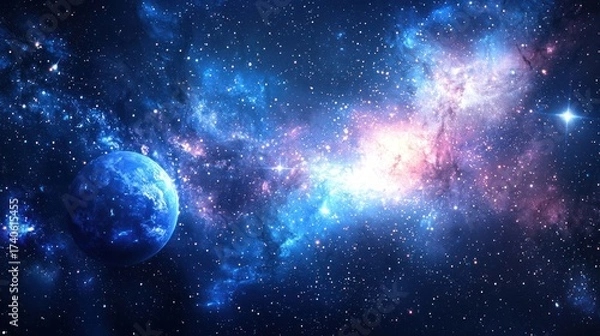 Fototapeta A vibrant, starry space scene with a blue planet and a nebula in the background.