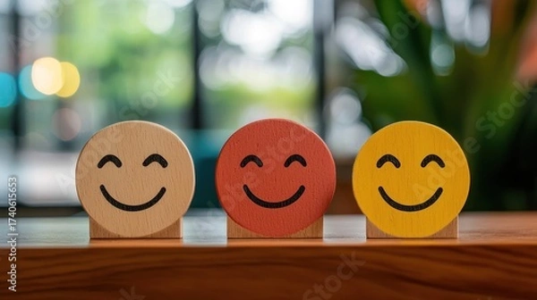 Fototapeta Three wooden smiley face blocks on a wooden table with a blurred background.