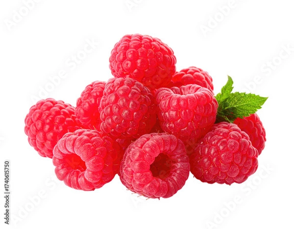 Fototapeta Close-up of fresh raspberries.  A cluster of vibrant red raspberries, piled together,  with a small mint leaf