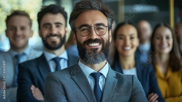 Fototapeta A smiling man in a suit standing in front of a group of business professionals.