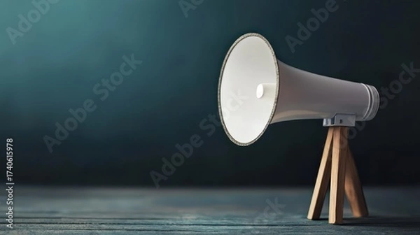 Fototapeta A white megaphone with a black background, standing on a wooden stand.