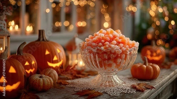 Fototapeta A festive Halloween image with glowing jack-o'-lanterns and seasonal treats indoors