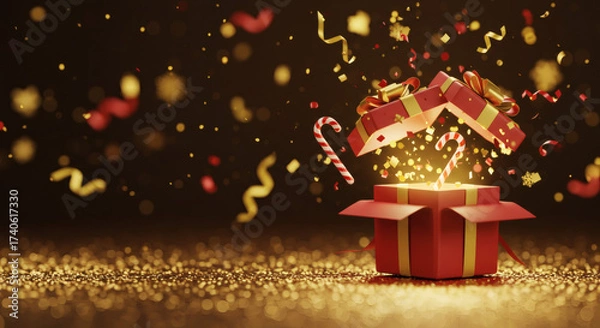 Fototapeta A red Christmas gift box with a gold ribbon and bow sits against a snowflake background, ready for the holiday season's celebrationA red Christmas gift box with a gold ribbon and bow sits against 