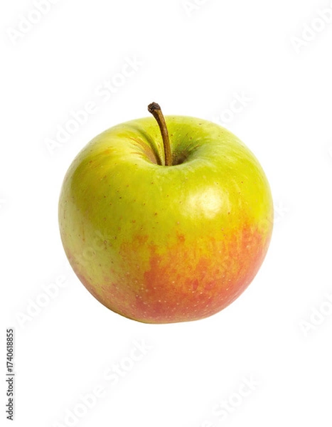 Fototapeta Close-up of a ripe, round apple.  Its skin displays a blend of pale yellow and light red-pink hues, with a subtle mottled pattern. A stem is visible at the top