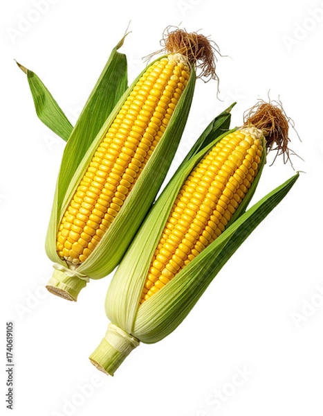 Fototapeta Two fresh ears of corn, bright yellow kernels encased in vibrant green husks, arranged against a pure black background.  Close-up view highlights the texture and color of the produce
