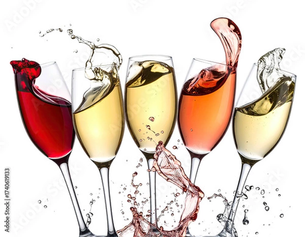 Fototapeta Five wine glasses, different colors, splashing liquid