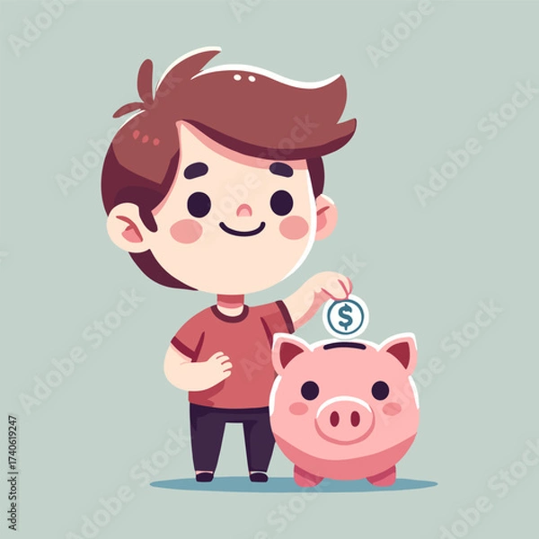 Fototapeta boy putting a coin into a pink piggy bank in a flat illustration