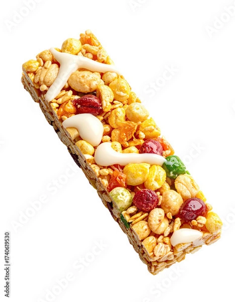 Fototapeta Close-up of a granola bar.  Colorful,  coated with white icing or cream.  Mix of nuts, dried fruits, and grains.  Rectangular shape