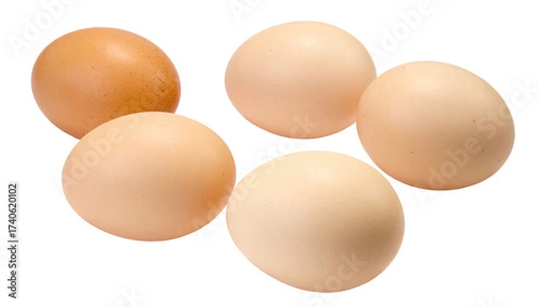 Fototapeta Five eggs of varying shades of brown and light beige, arranged in a loose cluster, isolated on black background.  A slightly darker egg sits among lighter ones.  Smooth, round shapes, close-up view