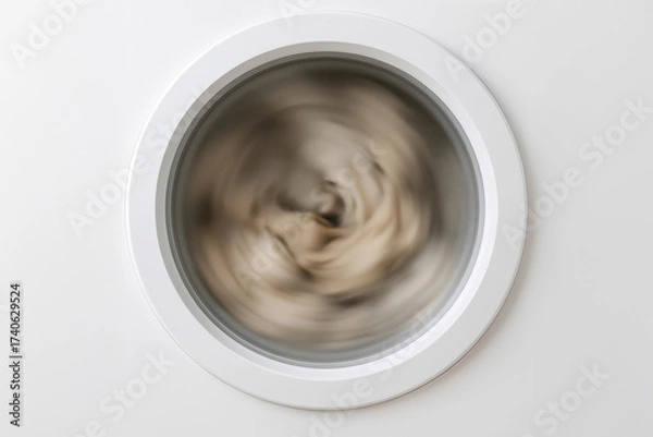 Fototapeta Spinning laundry inside front load washing machine during wash cycle, blurred motion of clothes through round glass door