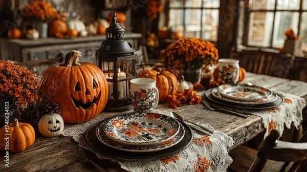 Fototapeta Cozy Halloween Table Setting with Pumpkins, Lanterns, and Autumn Decorations