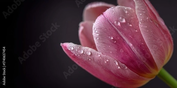 Obraz A single, vibrant pink tulip dominates the frame, its petals delicately curved and glistening with water droplets. The flower is positioned on the right side of the image, creating a sense 