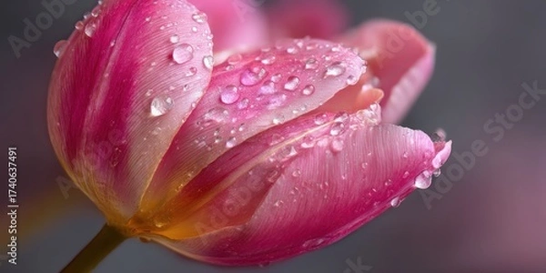 Obraz A vibrant pink tulip unfolds, its petals delicately curved and adorned with glistening water droplets. The flower?s rich coloration transitions from a deeper pink at the base to