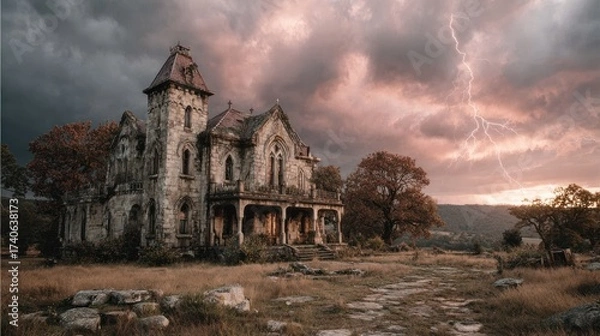 Fototapeta Haunted Victorian mansion with lightning and dramatic sky during a thunderstorm