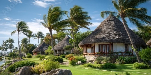 Obraz A serene coastal scene showcases three thatched-roof bungalows nestled amongst lush tropical vegetation and palm trees. The bungalows, constructed with stone and white walls,