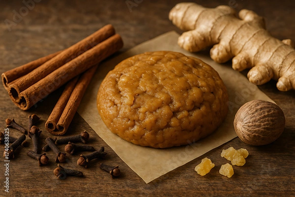 Fototapeta Warm and spicy baked cookie with cinnamon sticks, ginger, and cloves on a wooden table