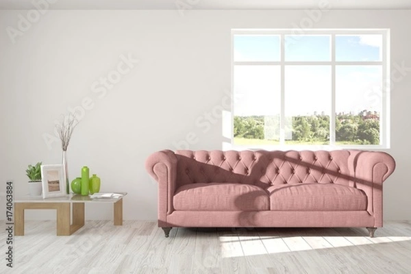Fototapeta Idea of white room with sofa and summer landscape in window. Scandinavian interior design. 3D illustration