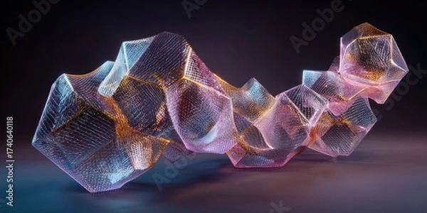 Obraz A mesmerizing 3D render showcases a complex, abstract sculpture composed of interconnected, faceted geometric shapes. The sculpture appears to be crafted from a translucent material